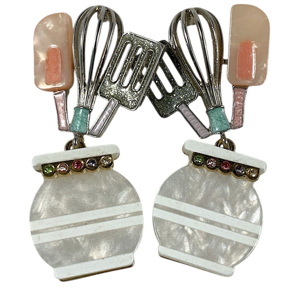 Mother of Pearls Hanging Kitchen Utensils in a Jar Pair of Novelty Drop Earrings